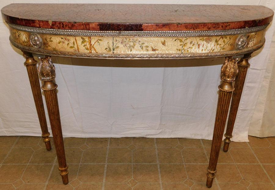 Paint Decorated Demilune Console: Paint Decorated Demilune Console. 48 1/4" W 17 1/2" D 34 1/4" H