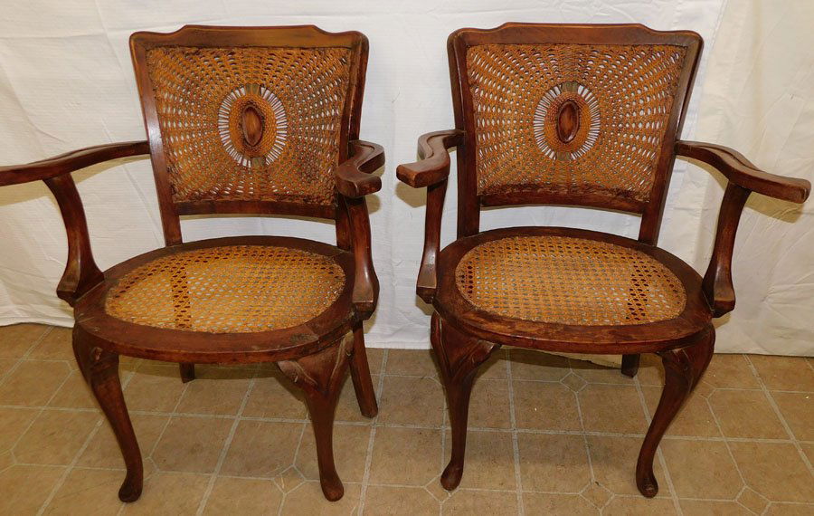 Pair 19th C French Walnut Cane Bottom & Back Arm Chairs (1 of 3)
