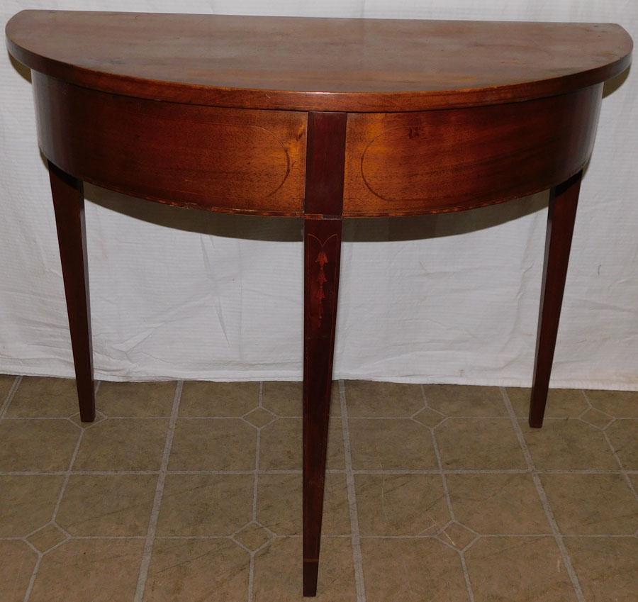 19th C Walnut Inlay Demilune Console: 19th C Walnut Inlay Demilune Console. 34 1/2" W 18" D 27 3/4" H