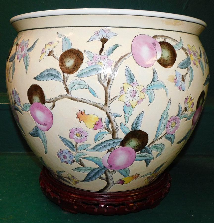 Porcelain Oriental Fish Bowl On Teakwood Stand (1 of 6)