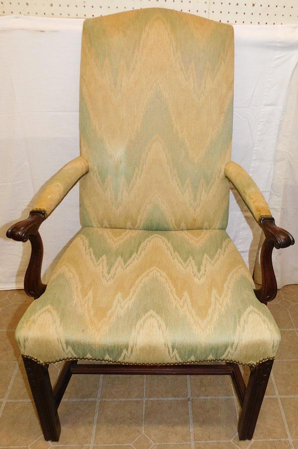 Mahogany Upholstered Chippendale Arm Chair By Hickory: Mahogany Upholstered Chippendale Arm Chair By Hickory . 44" H