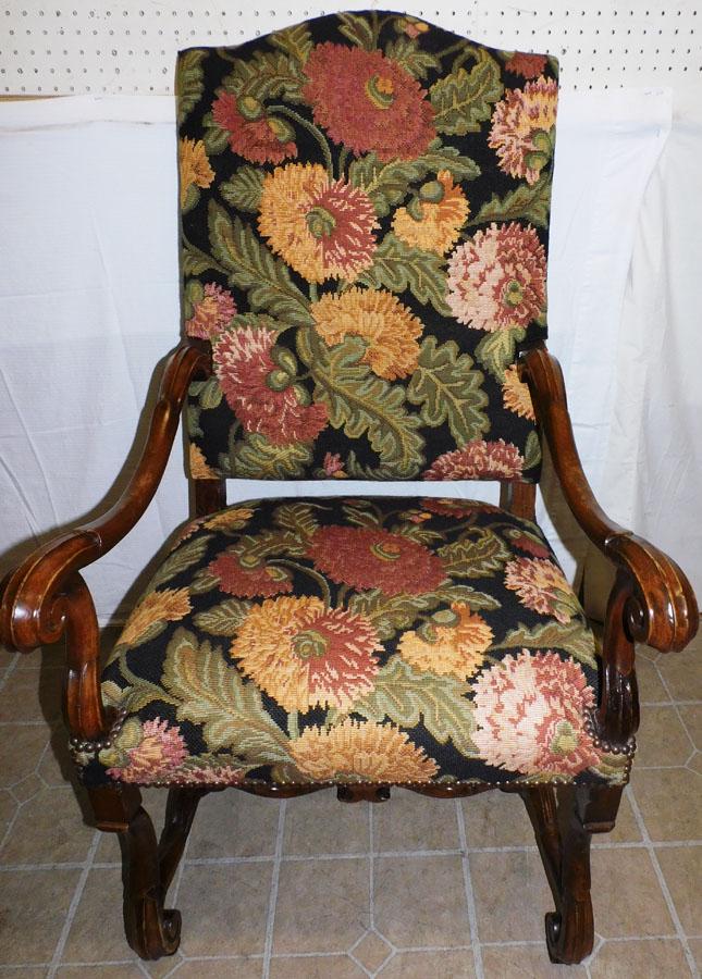 Walnut Carved Tapestry Upholstered Arm Chair: Walnut Carved Tapestry Upholstered Arm Chair. 47 1/4" H
