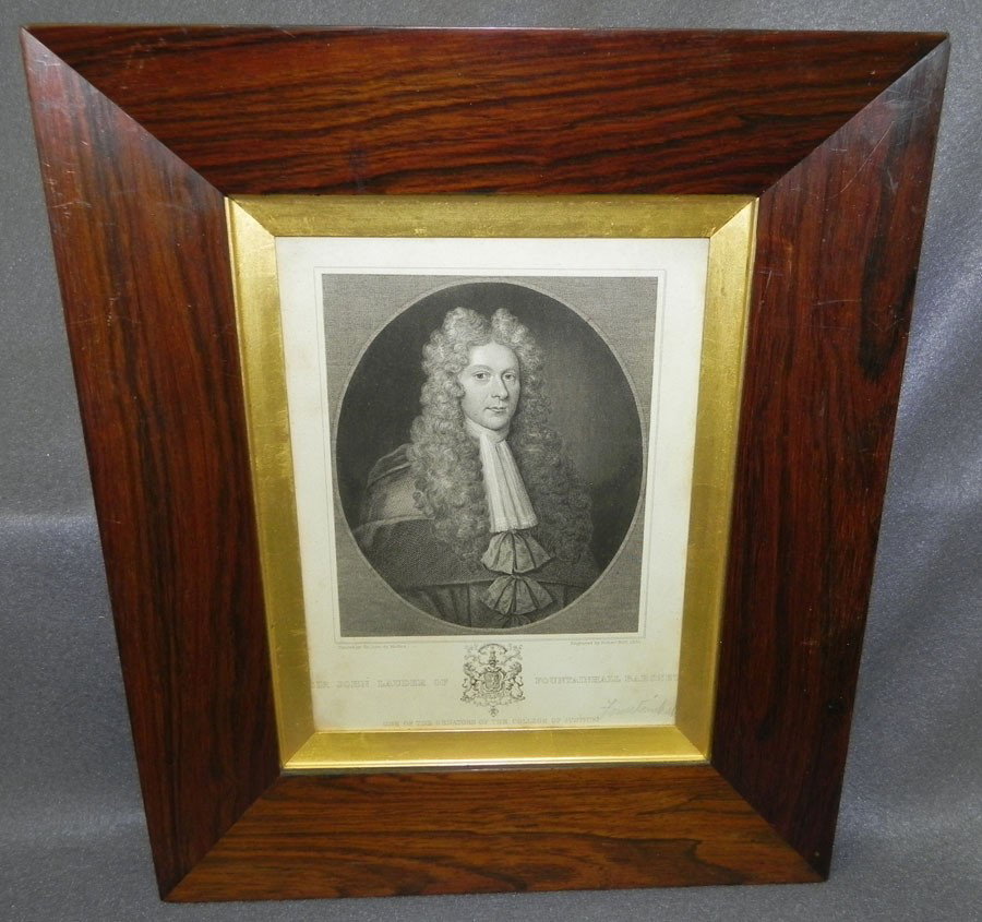 Rosewood framed engraving.: Rose wood framed engraving of Lord Fountainhall, Lord of Session. Autographed by Robert Bell. 12 3/4" x 10 3/4".