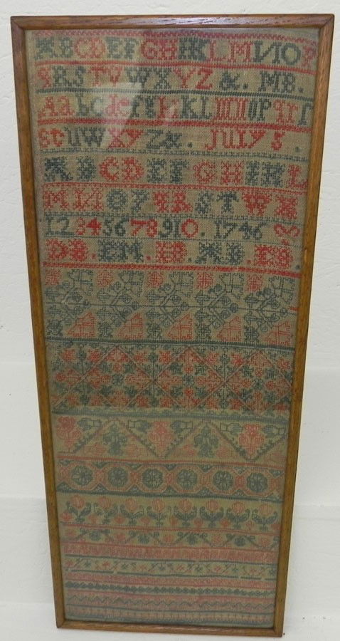 Needlework sampler dated July 5, 1746.: Needlework sampler dated July 5, 1746. 9" x 22 1/2".