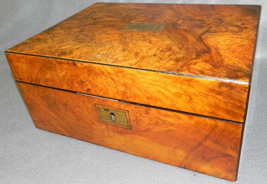 Burled walnut fitted lap desk . 12" x 9" x 6".: Burled walnut fitted lap desk . 12" x 9" x 6".