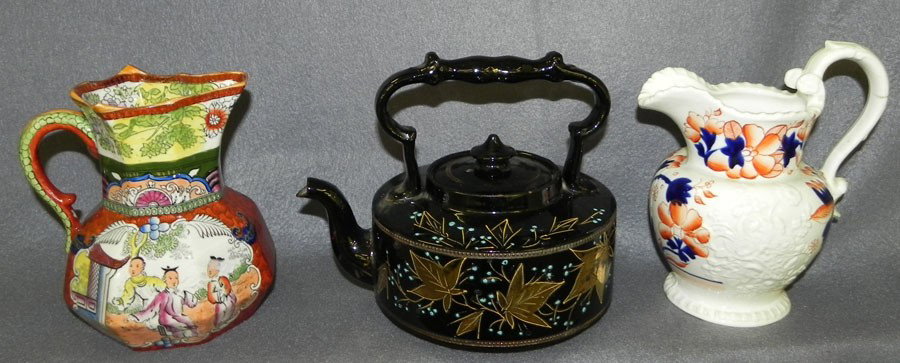 Pottery tea pot, pitcher & "Gaudy Dutch" pitcher.: Pottery tea pot, unsigned Ironstone pitcher and hand painted "Gaudy Dutch" pitcher.