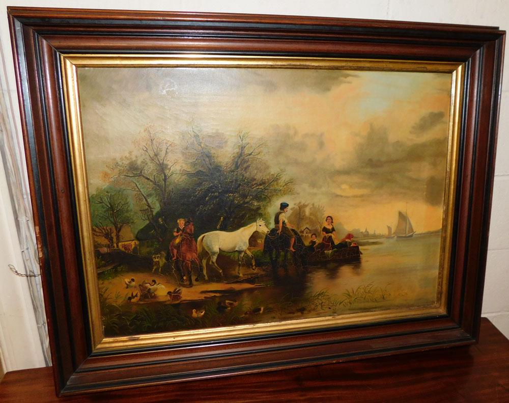 19th C Oil on Canvas Continental Scene In Antique Walnut Frame (1 of 4)