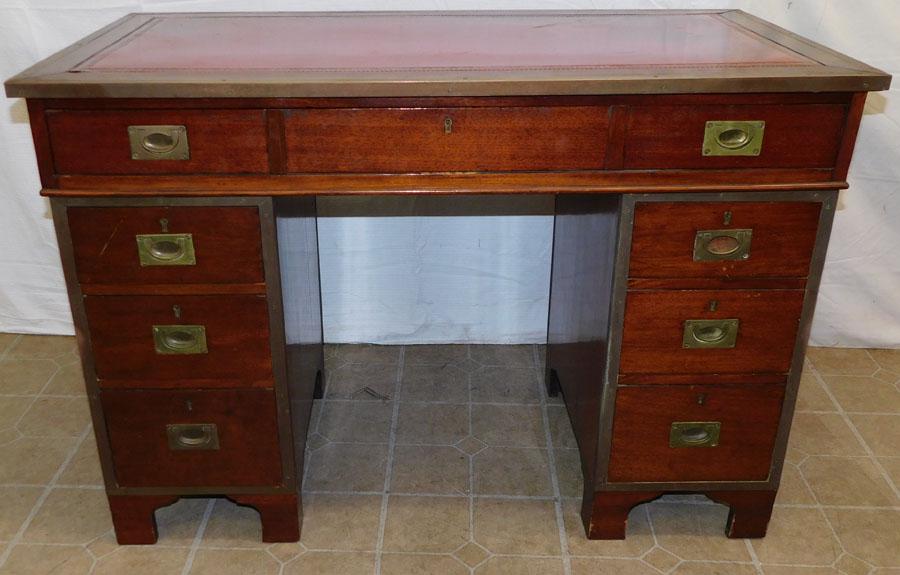 19th C Mahogany Brass Bound Tooled Leather Top Campaign Desk (1 of 7)