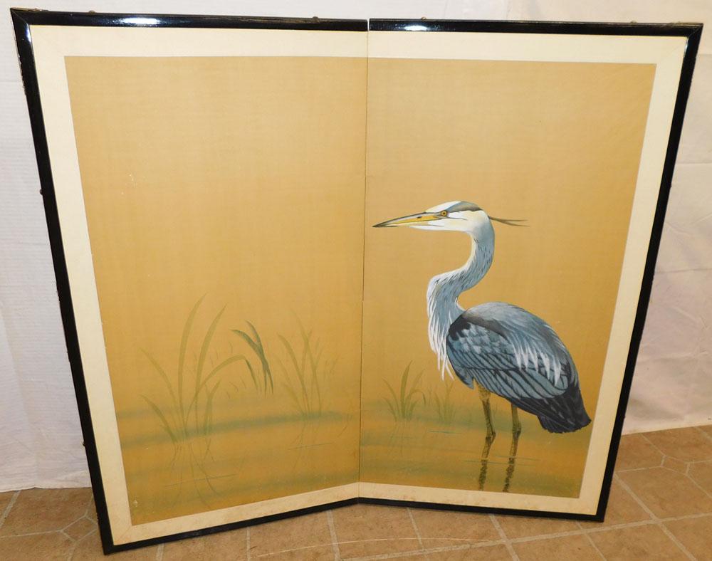 Two Panel Oriental Watercolor On Silk Of Heron (1 of 3)
