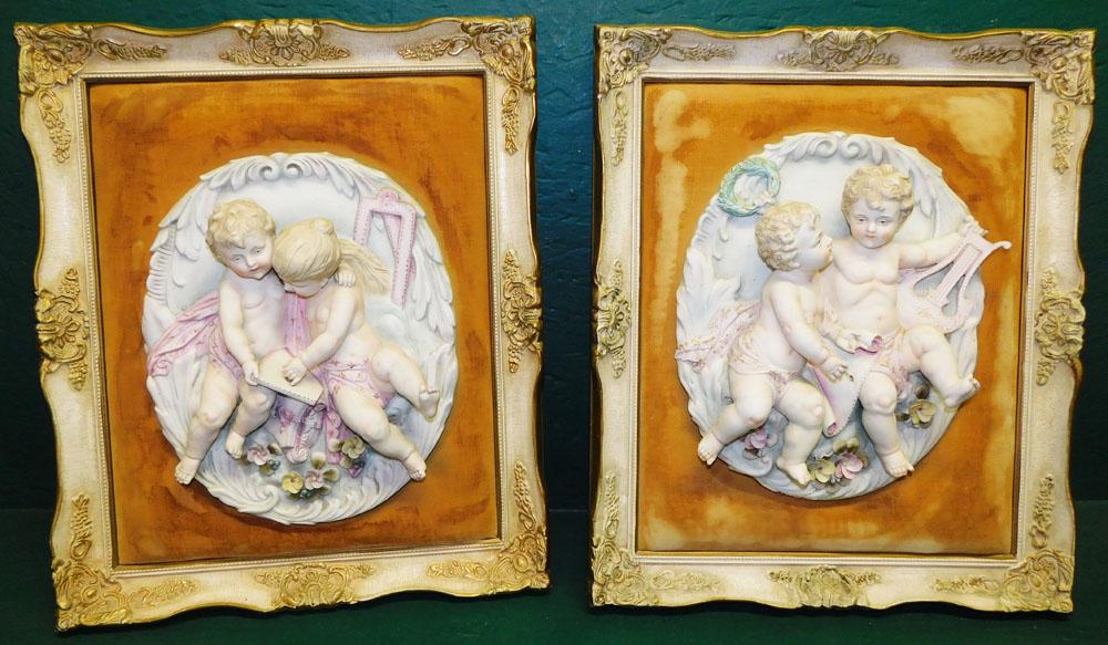 Pair Bisque Framed Cherub Plaques (1 of 4)