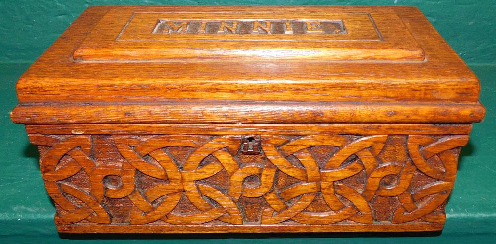 Antique Oak Carved Box - Signed Minnie (1 of 5)