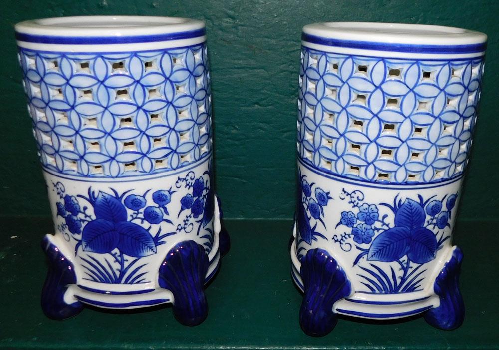 Pair Blue & White Open Work Vases (1 of 3)