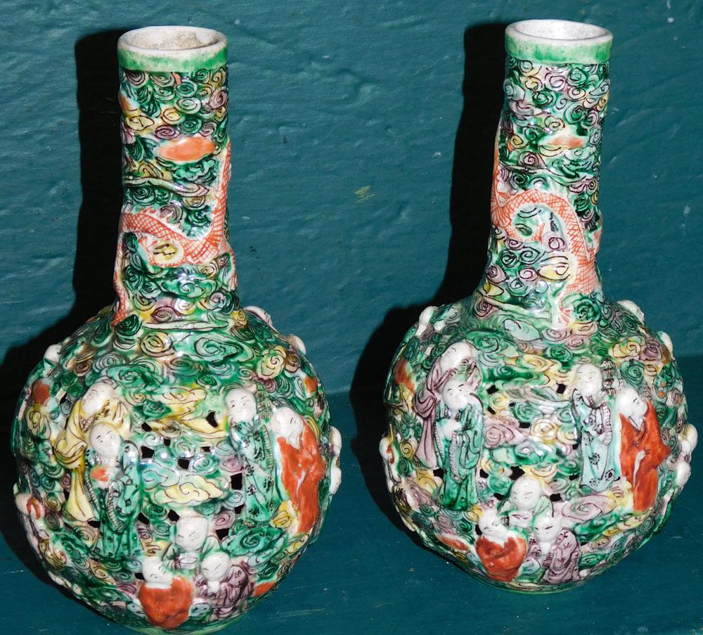 Pair of Chinese Famille Verte Bottle Shaped Porcelain Vases with Rohan Motif (1 of 9)