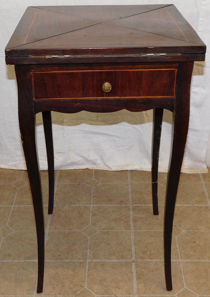 French Rosewood Inlaid Tooled Leather Top Handkerchief Table: French Rosewood Inlaid Tooled Leather Top Handkerchief Table. 17 1/2" W 17 1/4" D 30" H