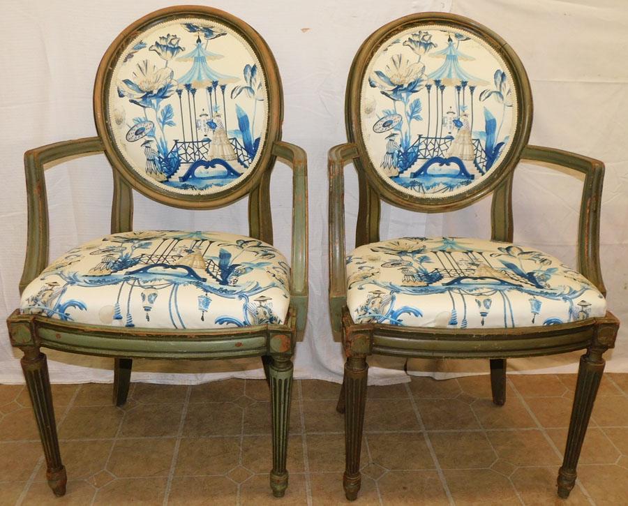 Pair of Louis XVI Fauteuils with Blue & White Oriental Upholstery (1 of 5)