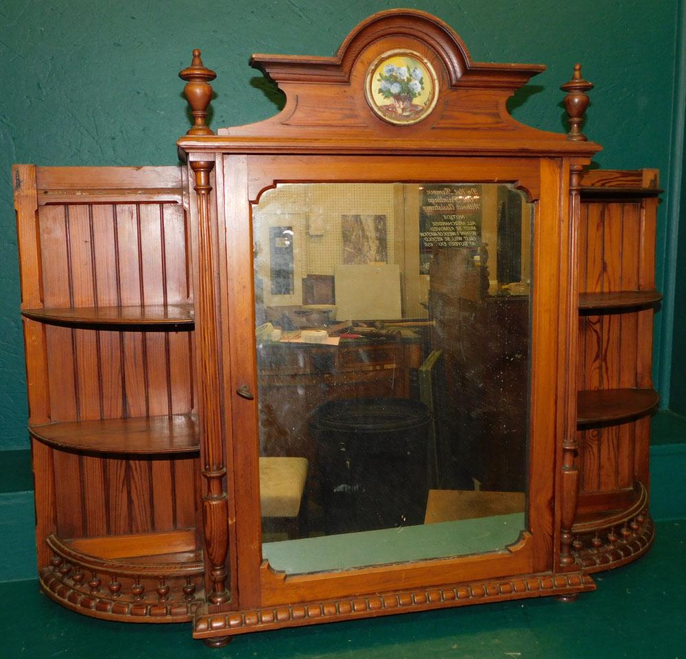 Victorian Heart Pine Hanging Curio: Victorian Heart Pine Hanging Curio. 42" W 10" D 33" H