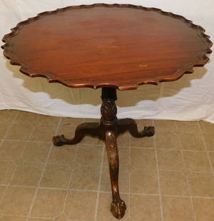 Mahogany Carved Pie Crust Tilt Top Table By Schmieg & Kotzian: Mahogany Carved Pie Crust Tilt Top Table By Schmieg & Kotzian. 30" Dia 29" H