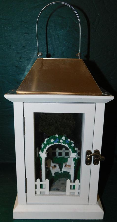 Lighted Lantern Diorama Of Garden Scene: Lighted Lantern Diorama Of Garden Scene. 15" H