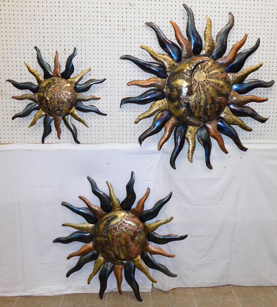 Lot 3 Graduated Metal Wall Hanging Sunburst: Lot 3 Graduated Metal Wall Hanging Sunburst. 41" Dia - Largest