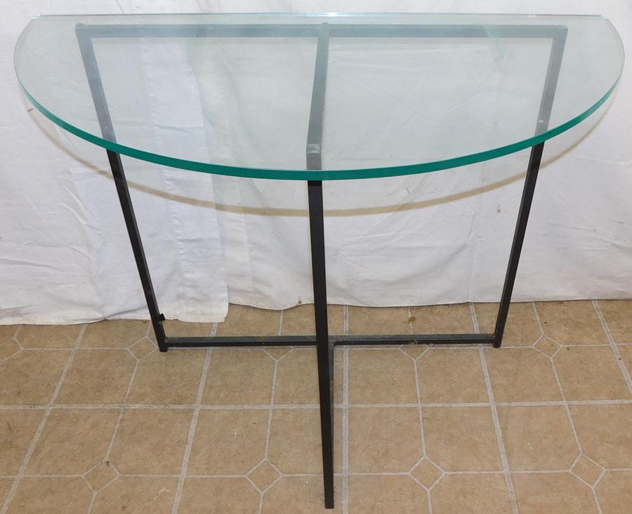 Metal & Glass Top Demilune Console: Metal & Glass Top Demilune Console. 36 1/4" W 18" D 29 1/2" H