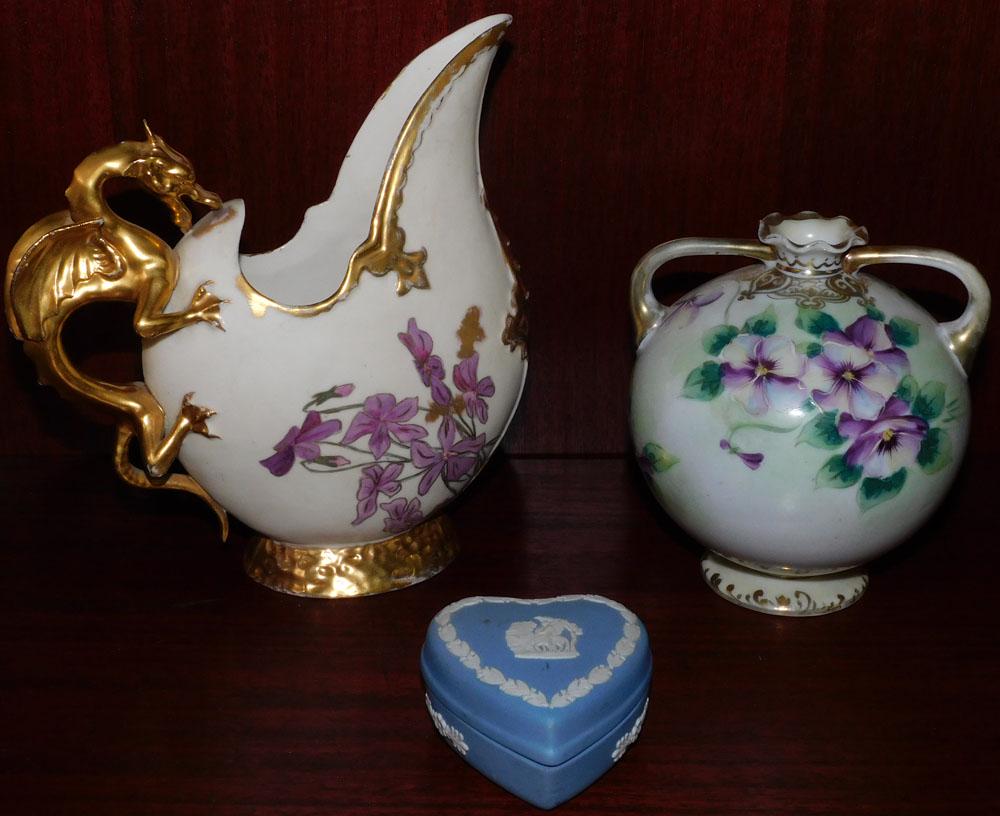 Royal Worcester Dragon Handle Ewer, Nippon Vase, & Wedgwood Heart Shaped Box (1 of 7)