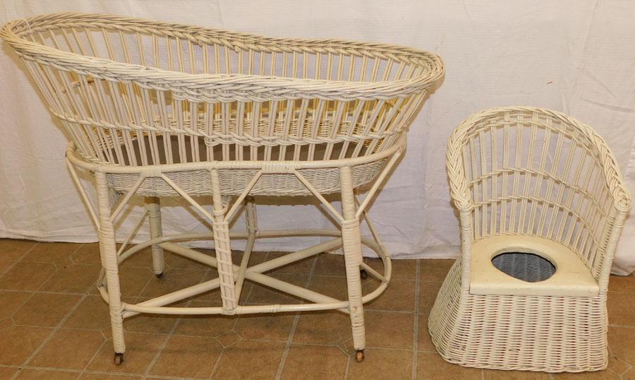 Antique Wicker Bassinet & Potty Chair: Antique Wicker Bassinet & Potty Chair. 32" W 30 1/2" H - Bassinet