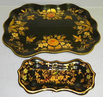 Painted snuffer tray & scalloped edge tray.: (2) trays, 1 is painted snuffer tray, the other is scalloped edge tray. 9 1/2" x 5" and 17 1/4" x 14 1/4".