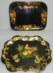 (2) Tole painted trays (1 is signed M. Binney): (2) Tole painted trays, 1 is painted with a bird of paradise, the other is painted tray signed M. Binney. 17 3/4" x 13 3/4" and 18 1/2" x 15".