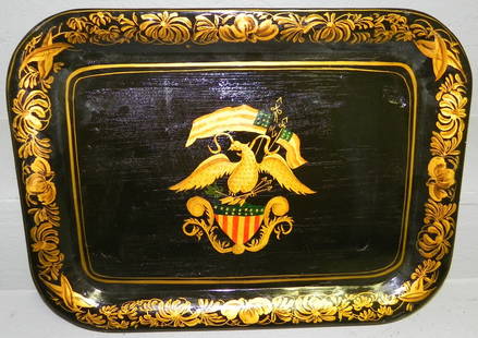 Tole painted tray, signed M. Binney.: Tole painted tray with armorial eagle signed M. Binney.