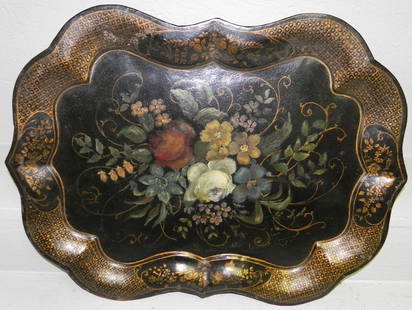 Early scalloped edge Tole painted tray.: Early scalloped edge Tole painted tray. 25" x 19 1/2".