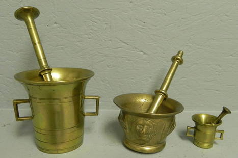 (3) brass mortars and pestles.: (3) brass mortars and pestles.