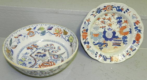 Masons ironstone hp bowl & under plate.: Early masons ironstone hand painted bowl and under plate.