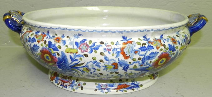 Early soft paste open work 2 handled bowl: Early soft paste open work 2 handled bowl signed "Dresden Opaque China." 14" x 9".