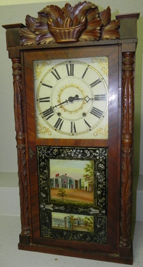 Federal 8 day carved case clock.: Federal 8 day signed E and G.W. Bartholomew Bristol CT, carved case clock. Weights are missing.