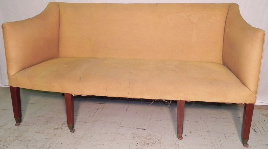Hepplewhite sofa with inlaid legs.: Late 18th century or early 19th century Hepplewhite sofa with inlaid legs. 66" long with 37" back x 27 1/2" deep.