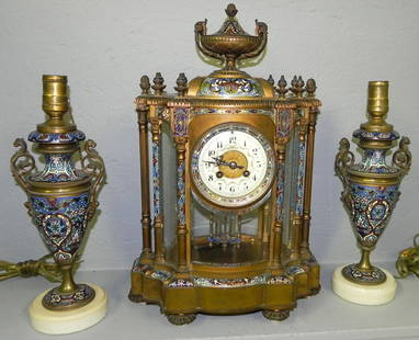 Tiffany & Co. cloisonné & enamel clock w/ lamps.: French cloisonné and enamel crystal regulator clock by Tiffany and Company with matching lamps. Clock is 18 1/2" tall.