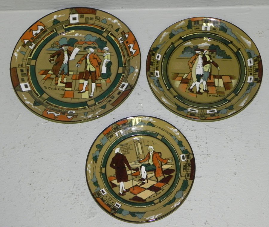 (2) plates & (1) dessert plate by Buffalo Pottery: (2) plates and (1) dessert plate by Buffalo Pottery. 8 1/2" and 6 1/2" diameter.