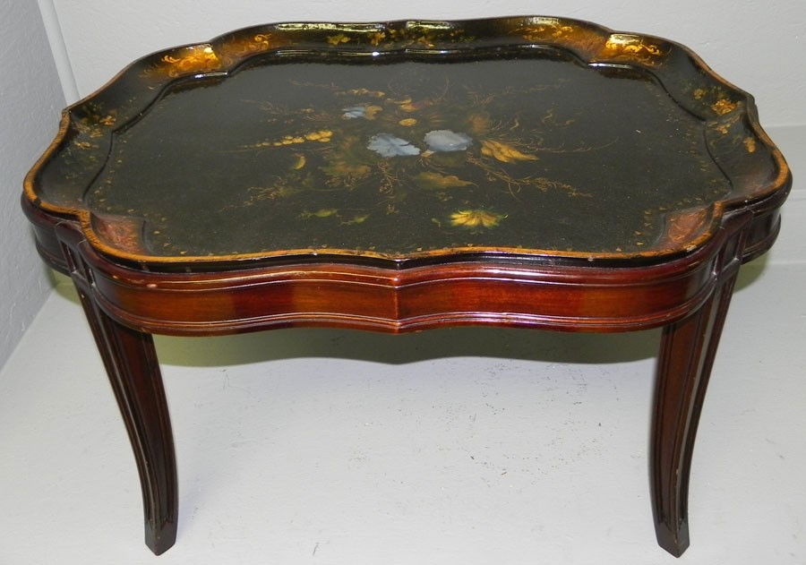 Papier Mache scalloped tray w/ mahogany base: Papier Mache scalloped tray with mahogany base and mother of pearl inlay. 31" long x 24" deep x 18 1/2" tall..