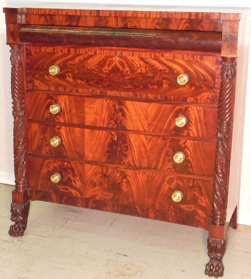 Empire carved claw foot crotch mahogany chest: Empire carved claw foot chest in crotch mahogany from the Beaufort estate.
