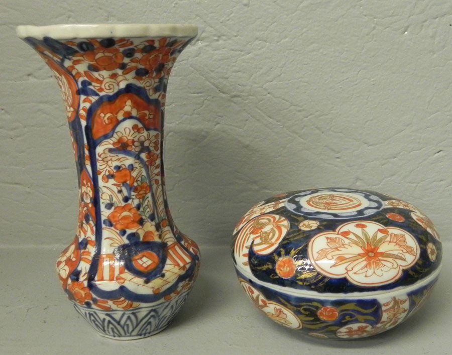 Imari covered box and trumpet vase.: Imari covered box and trumpet vase. 5 1/2" diameter and vase is 7 1/2" tall.