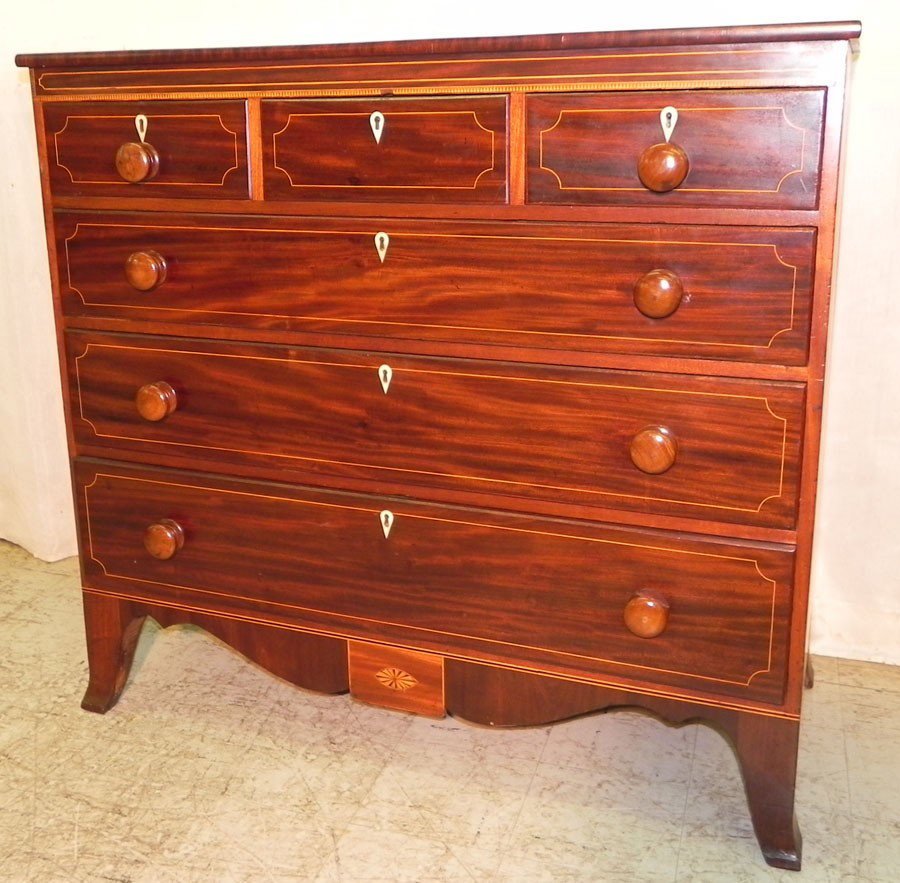 3/3 mahogany inlaid Hepplewhite chest: 3/3 mahogany inlaid Hepplewhite chest with original wooden knobs and original feet.. 46" x 21" x 42 3/4" tall.
