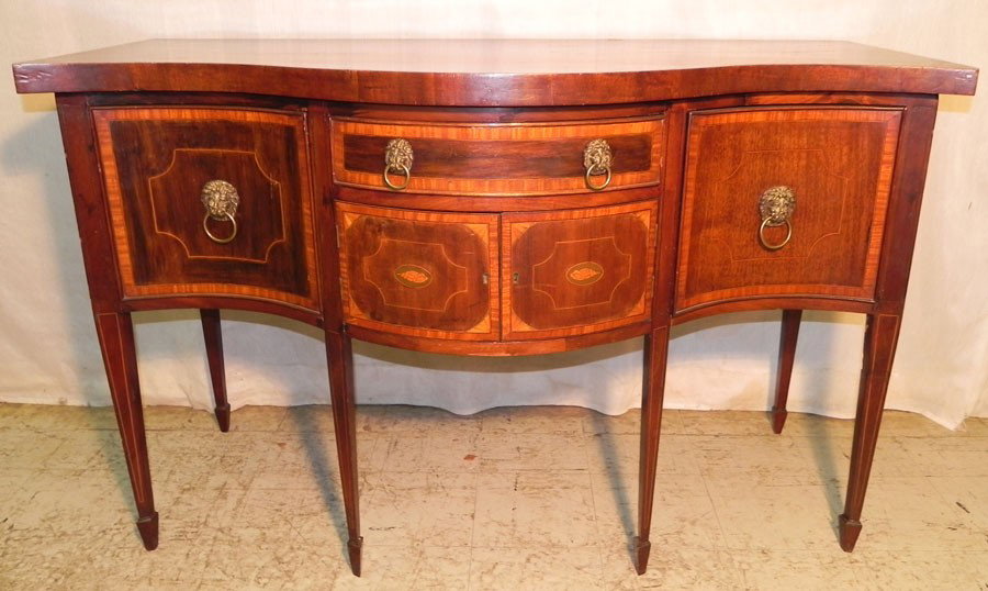 Serpentine front mah inlaid Hepplewhite sideboard: Serpentine front mahogany inlaid Hepplewhite sideboard with cellaret drawer. 53 1/2" long x 24 1/4" deep x 33 1/2" tall.