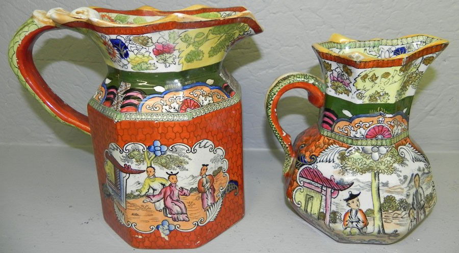 (2) masons ironstone pitchers. 6" and 7".: (2) masons ironstone pitchers. 6" and 7".