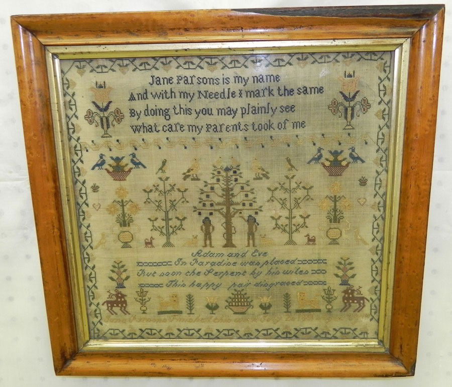 Adam & Eve Sampler - 1861 by Jane Parsons.: Adam and Eve Sampler dated 1861 by Jane Parsons.
