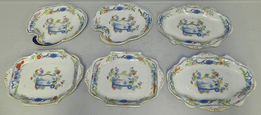 (6) masons ironstone decorated shaped trays.: (6) very unusual masons ironstone decorated shaped trays. 1 has 2 small chips.