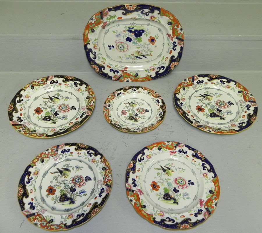 (6) pieces ironstone decorated china: (6) pieces ironstone decorated china includes tray and 5 plates.