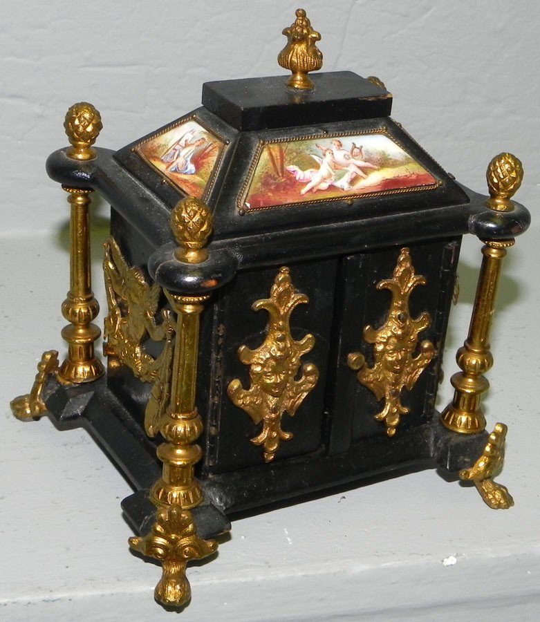 Brass and porcelain inlaid box with 2 drawers.: Brass and porcelain inlaid box with 2 drawers. 4 3/4' wide x 4 1/4" deep x 6" tall.