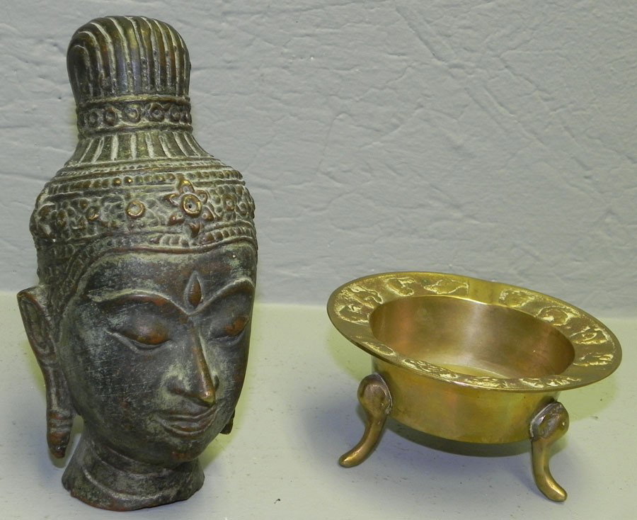 Bronze temple dancer head & brass footed bowl.: Bronze Siamese temple dancer head and brass footed bowl.