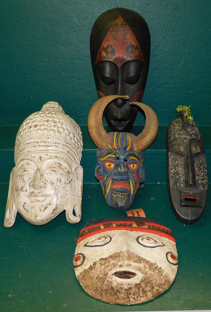 Lot of 4 Carved Wood Masks & 1 Paper Mache Mask (1 of 6)