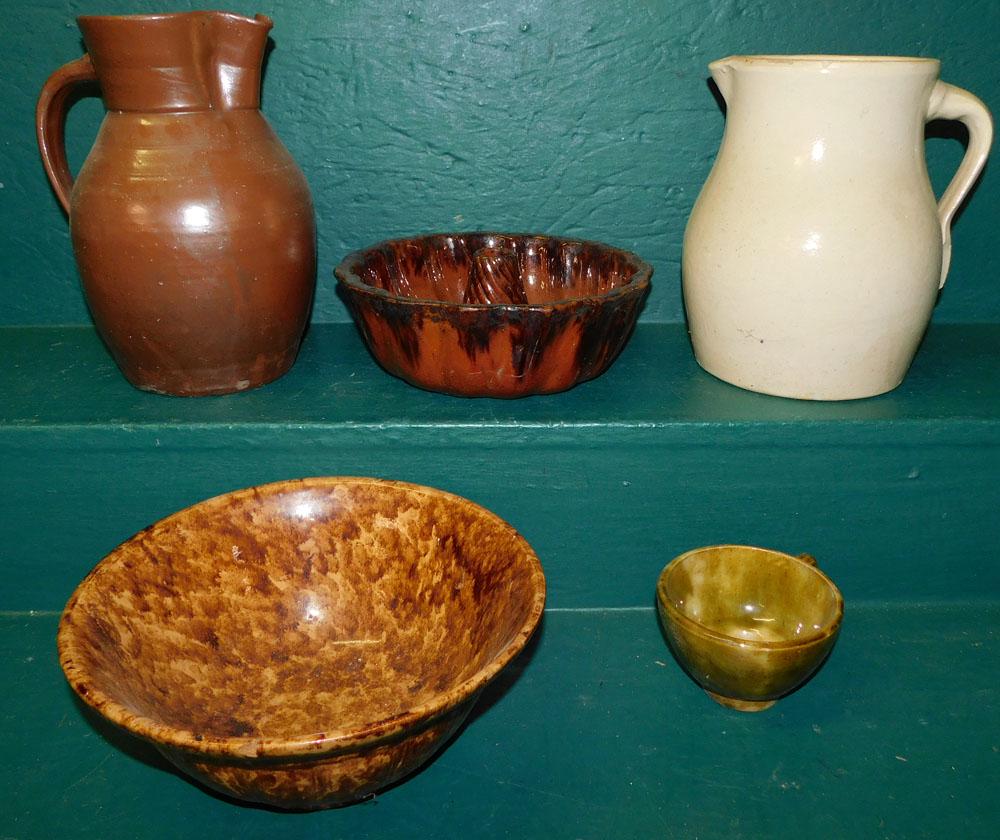 2 Pottery Pitchers, Redware Cake Mold, Bennington Bowl, & Pottery Funnel (1 of 6)